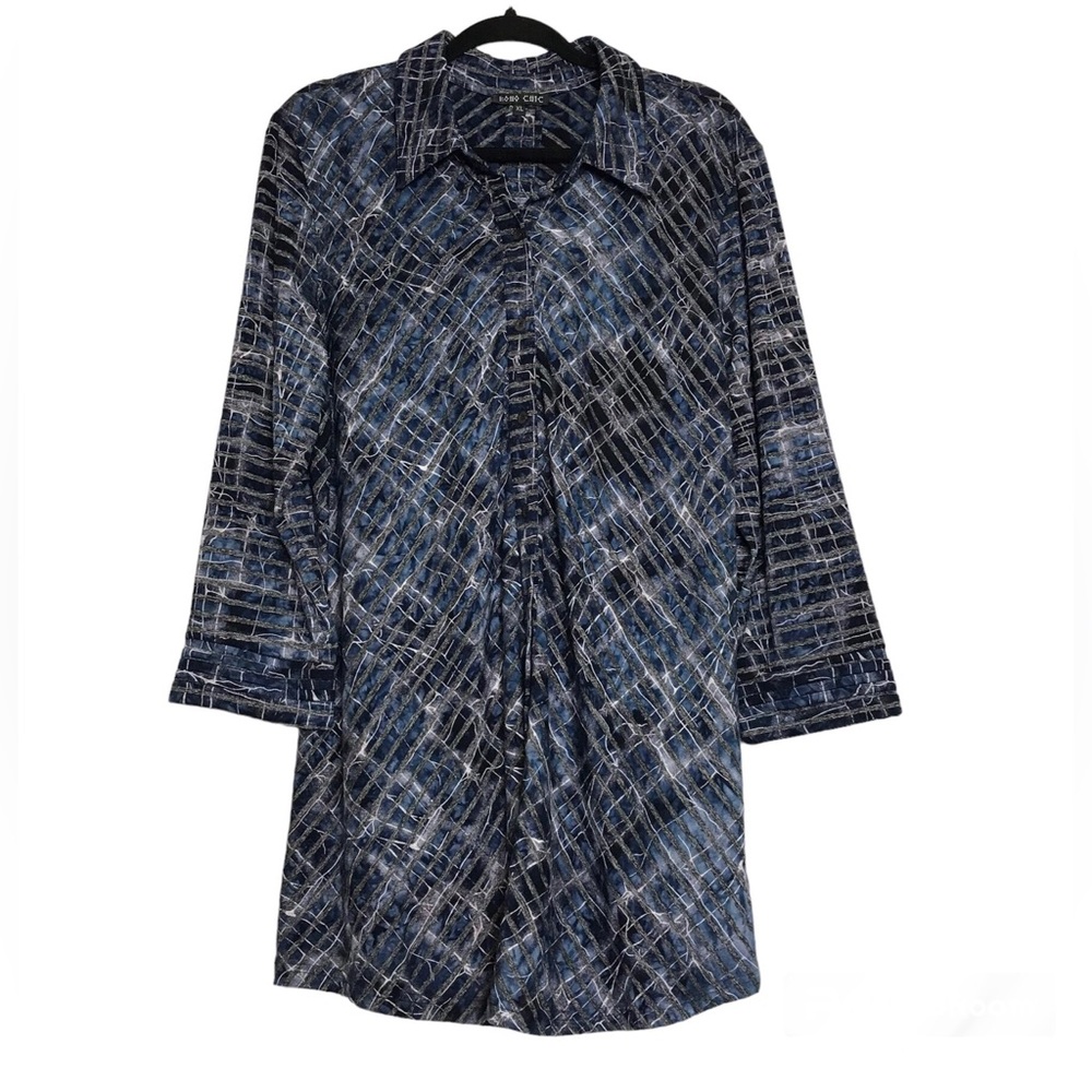 Boho Chic Blue Abstract Jersey Knit Long Sleeve Button Up Shirt Womens Sz XL Art